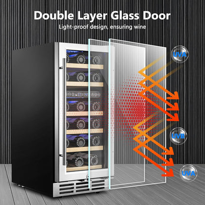 15 Inch Dual Zone Wine Refrigerator, 29 Bottle Under Counter Wine Fridge, Wine Refrigerator for Built-In or Freestanding, Wine Cooler with Removable Shelves, Double-Layer Glass Door, for Home