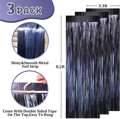 3 Pack 3.3 x 8.2 ft Matte Blue Foil Fringe Curtains, Dark Blue Tinsel Streamers Batman Party Decorations, Fringe Backdrop, Door Shimmer for Graduation, Birthday Backdrop for Men or Boy