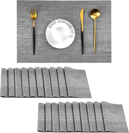 Leetaltree Grey Placemats, Heat Resistant Non-Slip Place mats for Dining Table, Washable Durable PVC Vinyl Woven Table Mats (Set of 20)