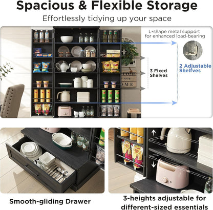 72" Farmhouse Kitchen Pantry Cabinet with Drawer, Tall Storage Cabinet with 2 Barn Doors and Shelves, Versatile Large Rustic Storage for Dining Room, Bathroom, Living Room, Black