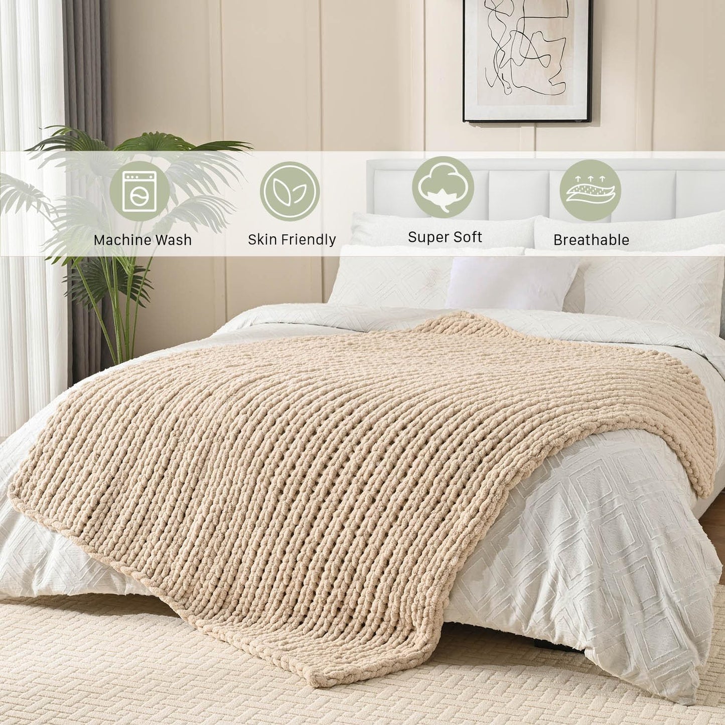 Esterra Chunky Knit Blanket Throw 50"x60", 100% Hand Knitted Chenille Throw Blanket, Cozy Soft Thick Cable Knit Throw Large Rope Knot Crochet Throw Blanket for Sofa Couch Bed, Sandshell/Oatmeal