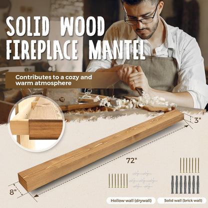 72x8x3 Fireplace Mantel - Handcrafted Hollow Rustic Solid Wood Wall Mounted Floating Shelf with Invisible Heavy Duty Wood Bracket (Natural Wood)