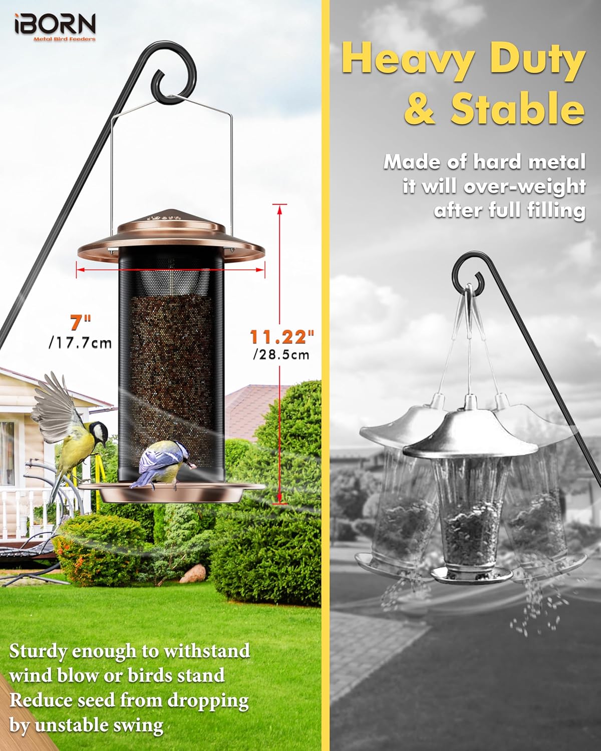iBorn Bird Feeders for Outdoors, All Metal Mesh Tube, Holding Bird Seed for Outside Feeders,18cm Large Roof, Copper, 2.8lb(Seed is not Included)