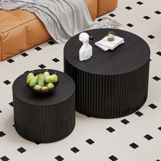 Round Nesting Coffee Table Wood Drum Nesting Tables Modern Stacking Coffee Table Set of 2 Fluted