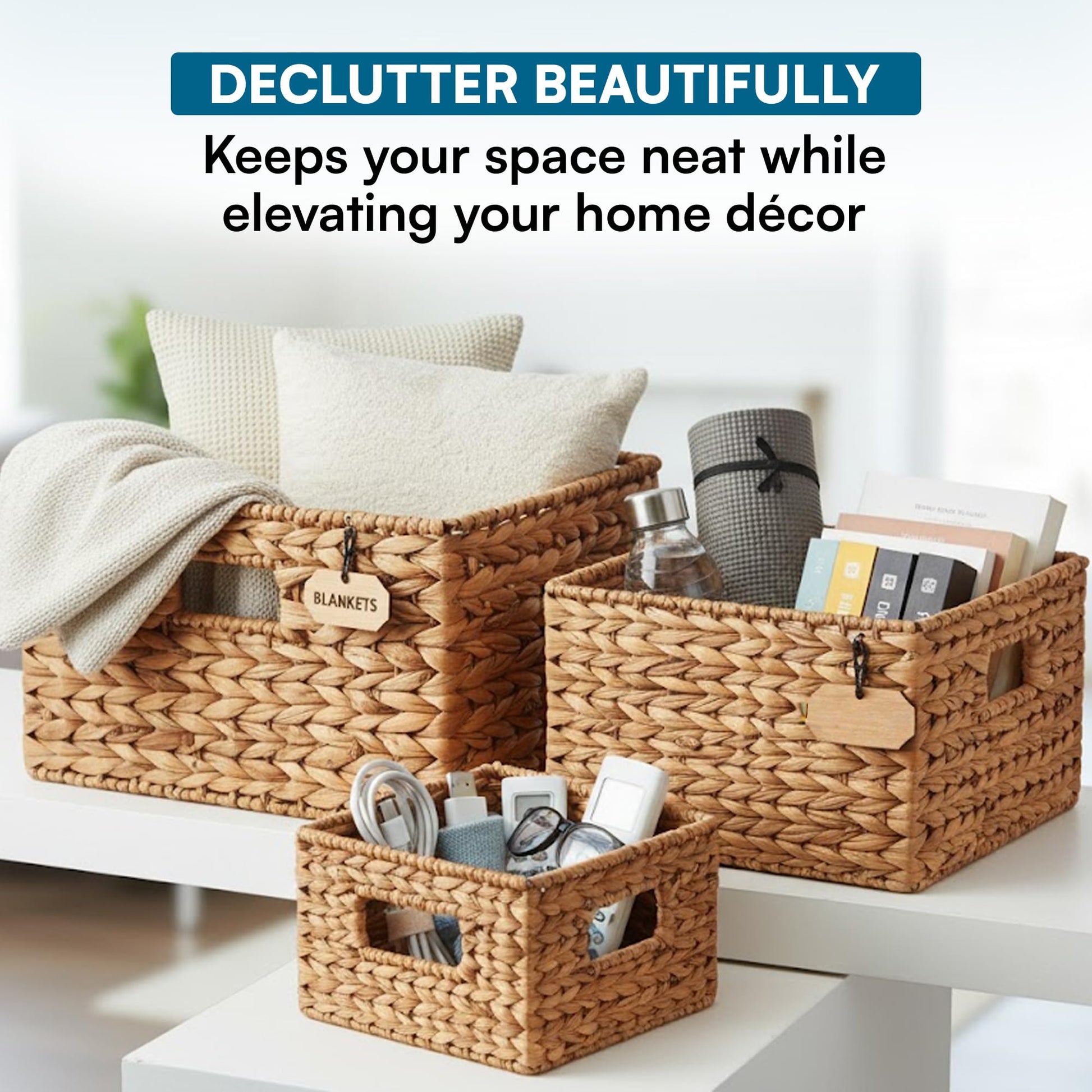 Honey-Can-Do Banana Leaf Storage Baskets –Water Hyacinth Woven Basket, Decorative Baskets for