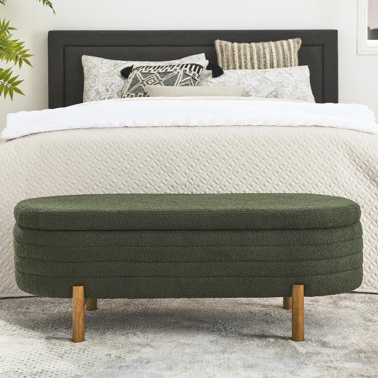 Furniliving 46” Storage Benches, End of Bed Bench with Button-Tufted Large Upholstered Storage Ottoman Teddy Window Bench with Storage Shoe Cabinet Bench, for Bedroom, Entryway, Closet, Green
