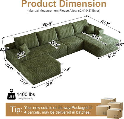 108" Sectional Couches for Living Room Modern Modular Sofa with L-Shape Couchs Upholstered Boneless Couch Deep Seat Sectional Couch with Chaise (Green, Right Facing Chaise+3Seaters+Ottoman)