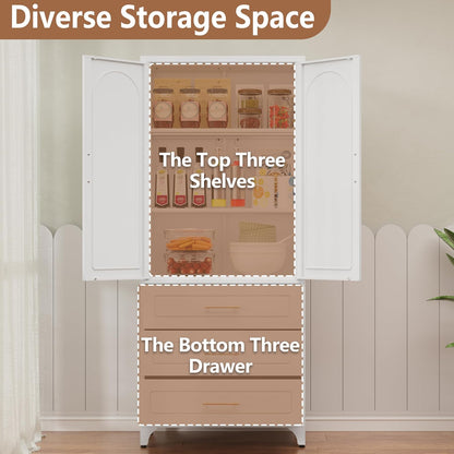 Kitchen Pantry Cabinet, 75" Tall Pantry Cabinet with Three Drawers, Freestanding Food Cupboard with Doors and Shelves, Metal Storage Cabinets for Dining, Living Room, White, Assembly Required