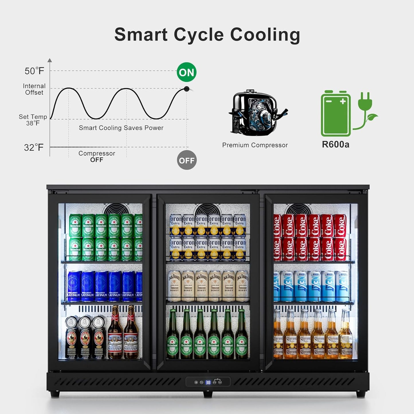 COTLIN 12.45 Cu.Ft Back Bar Beverage Cooler with Low-E Glass Auto Defrost ??3 Door Commercial Under Counter Fridge for Beer, Soda, Wine??Triple Fan Cooling, ETL NSF Approved