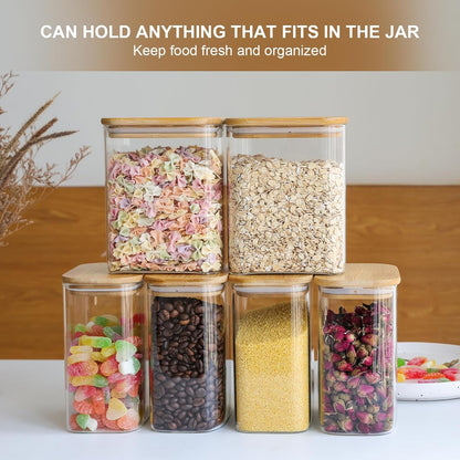 Liuruiyu Glass Storage Jars 12 * 8cm [Set of 6],Clear Glass Food Storage Containers with Airtight Bamboo Lid Stackable Kitchen Canisters for Candy,Cookie,Rice,Sugar,Flour,Pasta(Square)