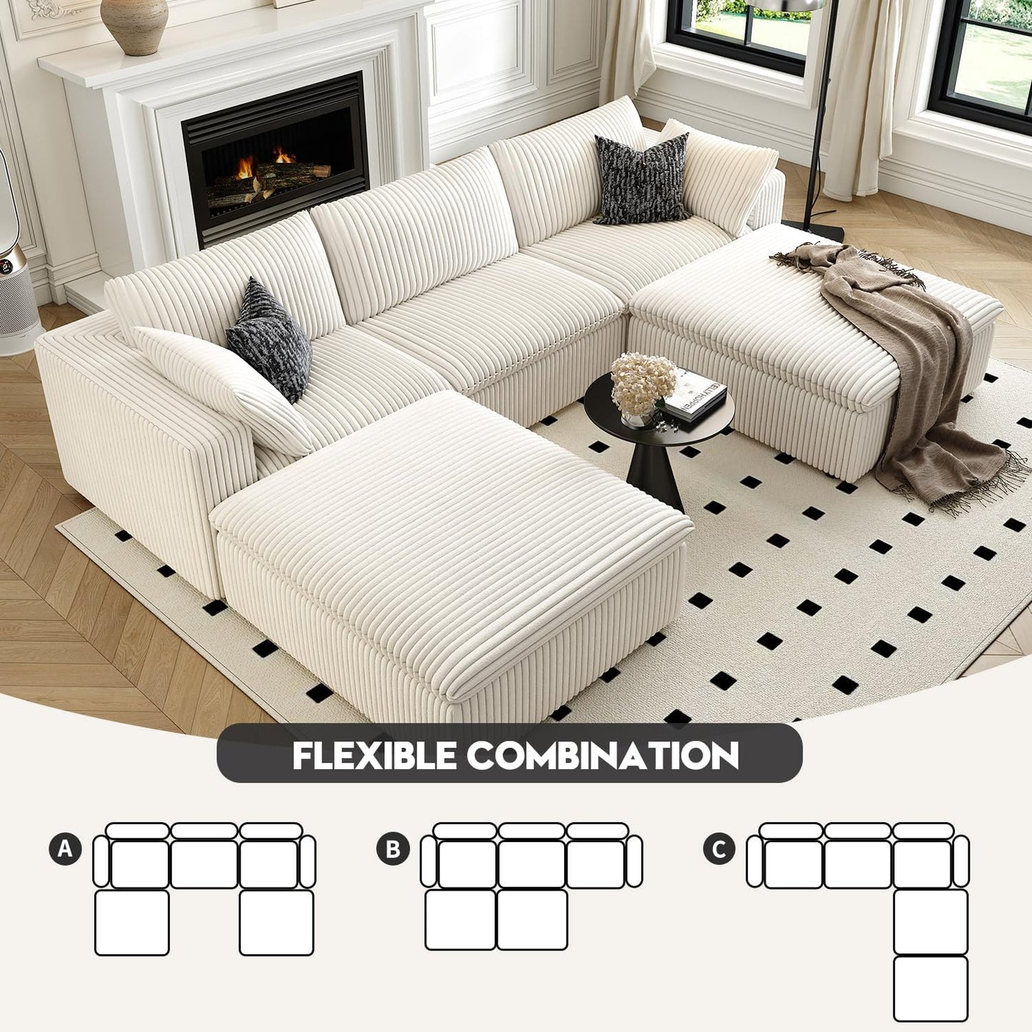 118" Cloud Couch Modular Sectional Sofa for Living Room,Modern Sofa with Deep Seat，U-Shape Boneless Couch with 2 Ottoman,Comfy Upholstered Corduroy Couches for Apartment, Studio, Office,Bedroom，White