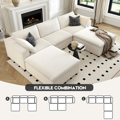 118" Cloud Couch Modular Sectional Sofa for Living Room,Modern Sofa with Deep Seat，U-Shape Boneless Couch with 2 Ottoman,Comfy Upholstered Corduroy Couches for Apartment, Studio, Office,Bedroom，White