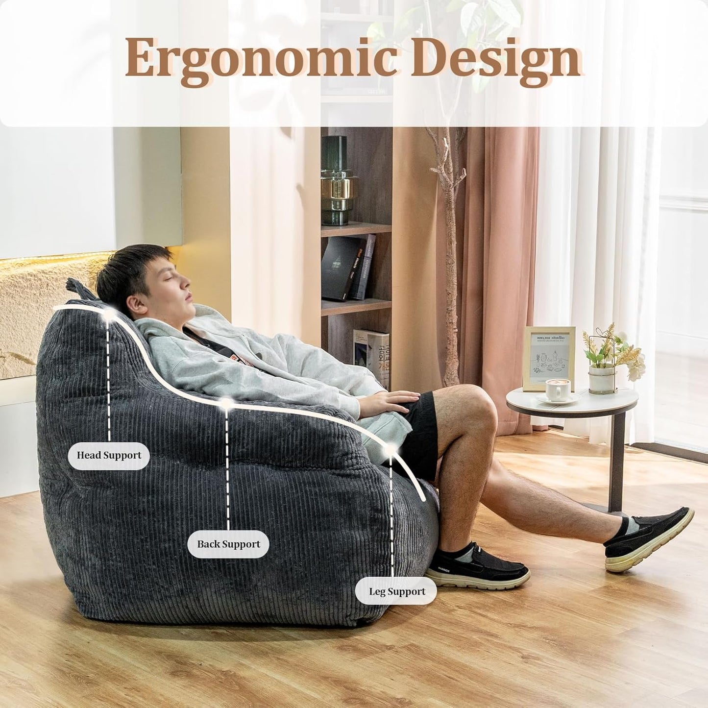 Giant Bean Bag Chair, Faux Fur Large Bean Bag Chair for Adults, Fluffy and Comfy Giant Bean Bag Chair with Filler, Big Bean Bag Sofa Chair for Reading, Gaming, Grey