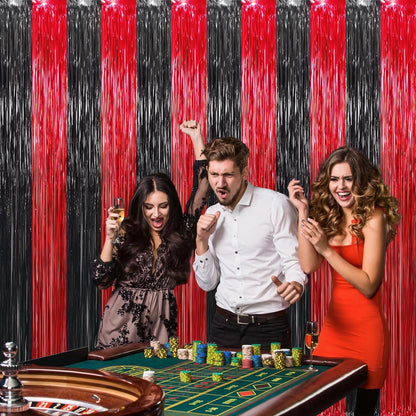 GOER 3.2 ft x8.2 ft Metallic Tinsel Foil Fringe Curtains Party Photo Backdrop Party Streamers for Birthday,Graduation,New Year Eve Decorations Wedding Decor (4 Pcs,Black&Red)