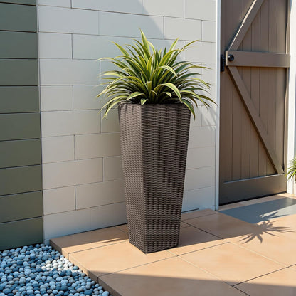 JUMMICO Set of 2 Resin Rattan Tall Planters for Outdoor Plants, Large Tapered Planters with Drainage Holes&Inner Trays, Flower Pots for Garden, Patio, Porch, Backyard (Brown, 32'')