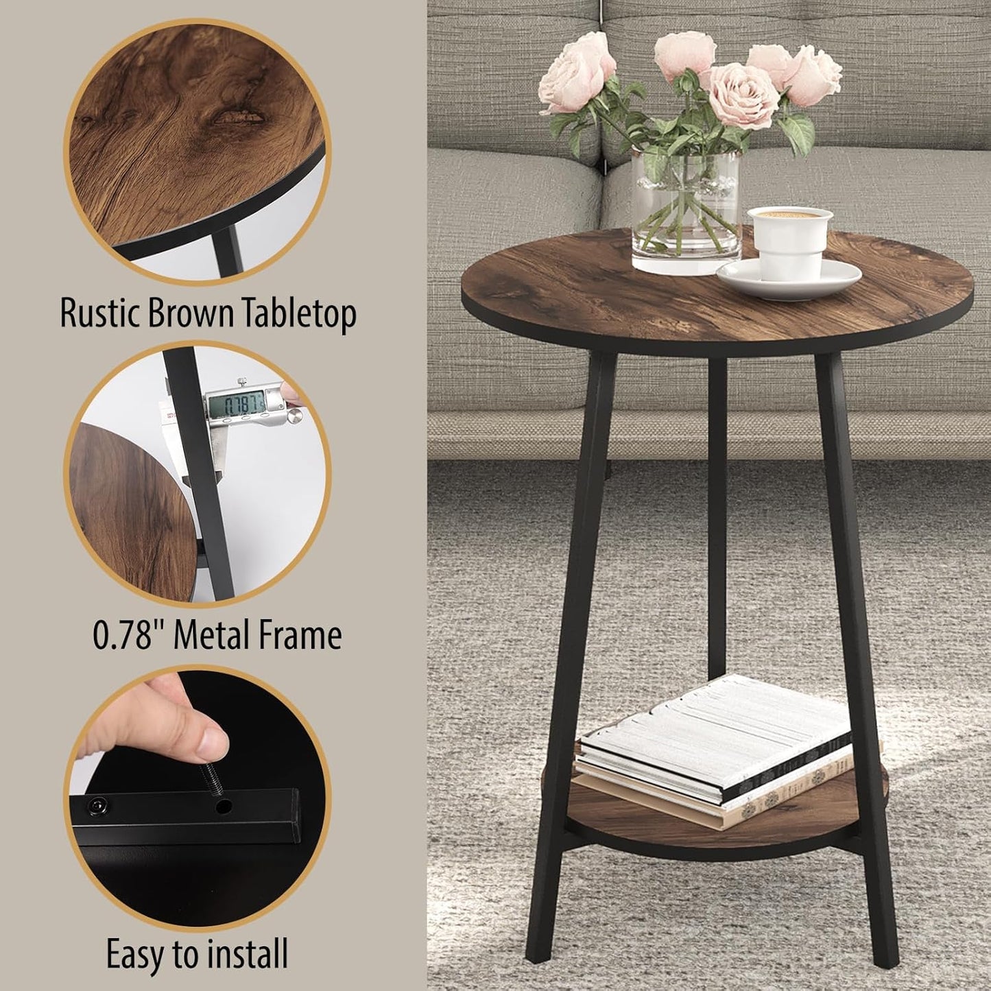 Side Table - Round Accent End Tables - Vintage Wood Color Tables for Sofa Living Room Bedroom Bedside Coffee Small Spaces - Waterproof Metal Frame, Scratch-Resistant - Easy Assembly