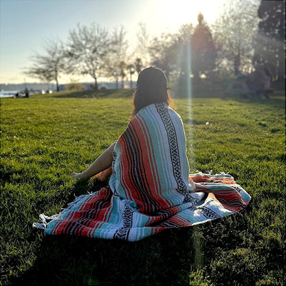 Traditional Handwoven Mexican Blanket, Large Falsa Serape - Soft & Durable - Vibrant Beach, Picnic, Yoga & Camping Mat - Lightweight Boho Throw 70"x50" (Sunset)