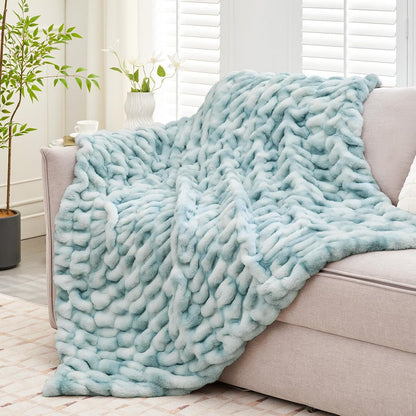 Ultra Soft Luxury Faux Fur Throw Blanket for Counch,Fuzzy Fluffy Plush Warm Cozy Elegant Wrinkled Blanket for Sofa Bedroom Living Room,（50"x60",Tie-dye Freshwater Blue）