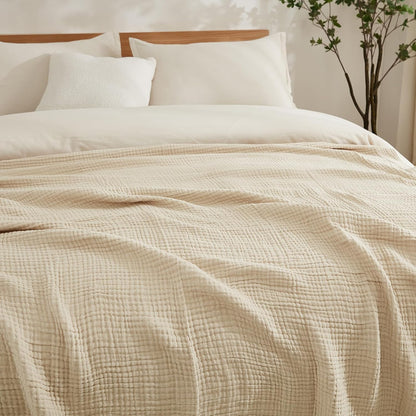 EMME Cotton Muslin Blanket Twin XL - 66"x90" Lightweight Breathable Layering Blanket Bedspread Coverlet All Season Gauze, Light Tan