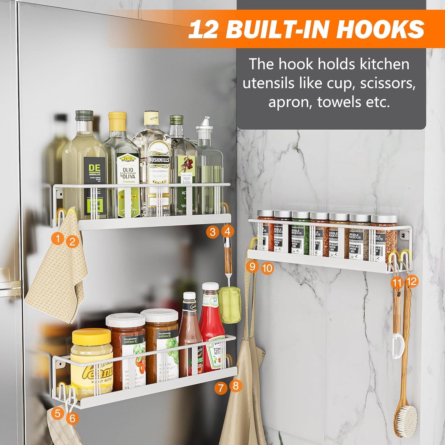 Spice Rack Wall Mounted 3 Pack, Space-Saving Spice Organizer for Spice Jars and Seasonings,Screw or Adhesive Hanging Spice Rack Organizer for Your Kitchen Cabinet,or Pantry Door White