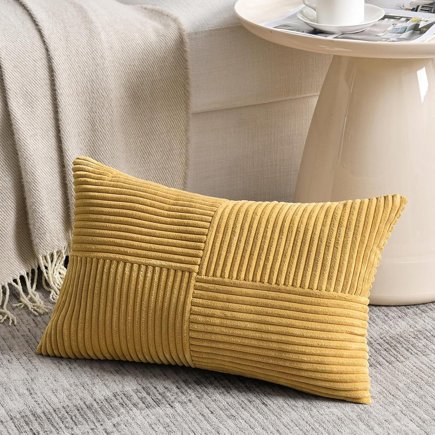 Fancy Homi 2 Packs Mustard Yellow Long Lumbar Decorative Throw Pillow Covers 16x24 Inch for Couch Bed, Rustic Farmhouse Boho Home Decor, Soft Striped Corduroy Rectangle Accent Cushion Case 40x60 cm