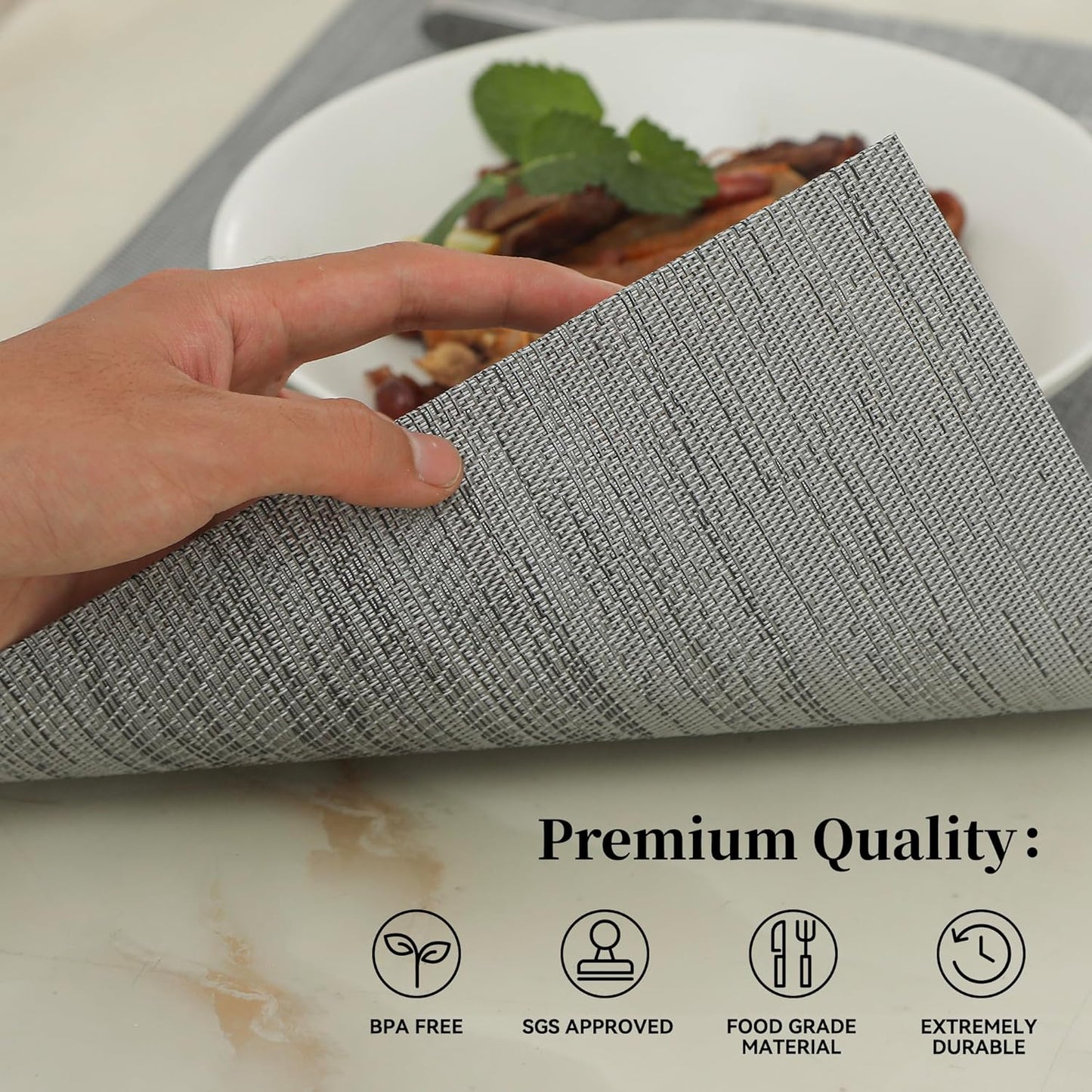 Leetaltree Grey Placemats, Heat Resistant Non-Slip Place mats for Dining Table, Washable Durable PVC Vinyl Woven Table Mats (Set of 4)