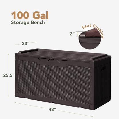 Flamaker Deck Box with Cushion 100 Gallon Waterproof Resin Storage Box with Air Rod Indoor Outdoor Lockable Storage Bench for Patio Furniture, Tools, Pool Accessories (Deep Brown)