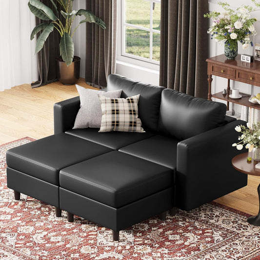 ABCASA 64.6" Faux Leather Loveseat Sleeper Sofa Bed with Storage Seat, Modern Modular Sectional Couch Deep Seat with Reversible Chaise 2-Seat Black for Apartment, Living Room, Bedroom