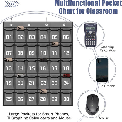 Loghot Classroom Accessories Closet Pocket Chart for Cell Phones Holder Wall Door Hanging Organizer (30 Pockets Gray)