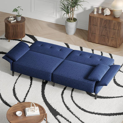 89” Futon Sofa Bed, Linen Comfy Futon Couch Bed with 2 Square Pillows, Convertible Sleeper Sofa with Adjustable Backrest& Armrests, Modern Loveseat Sleeper for Living Room, Bedroom, Blue