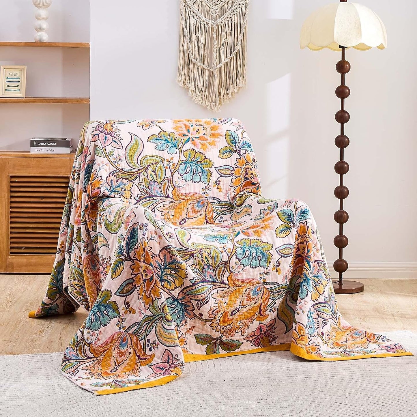 Boho Throw Blanket for Bed, 100% Cotton Soft Rustic Quilt Fall Blanket, 50"x60" Floral Printed Farmhouse Decor Bed Blankets, All Season Rustic Reversible Bohemian Throw Quilt