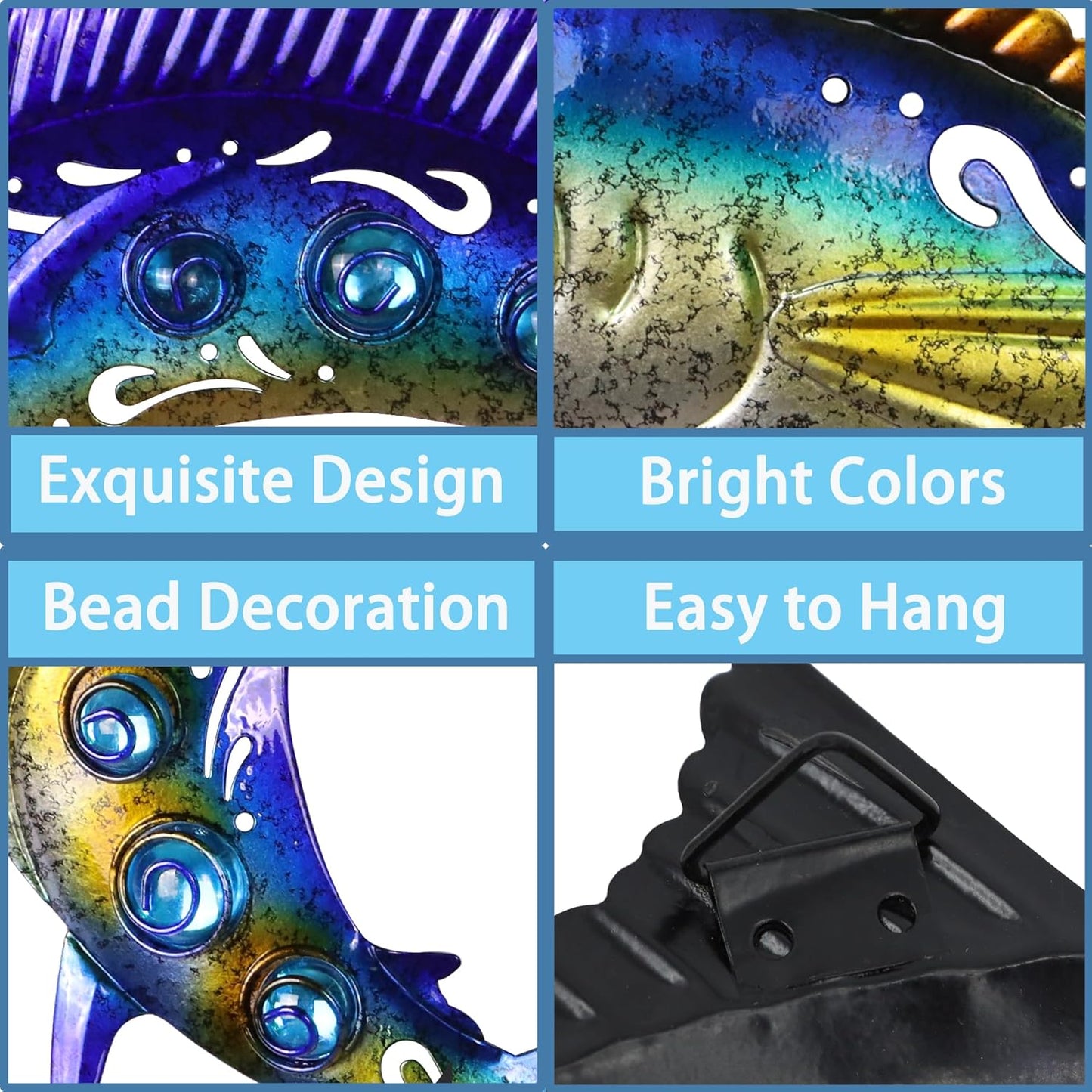 Metal Fish Wall Art Decor, 3-Piece Marlin Tuna Swordfish Set, Blue and Gold Tropical Ocean Theme Outdoor Wall Decor for Patio Garden Yard, Decorative Hanging Sculptures