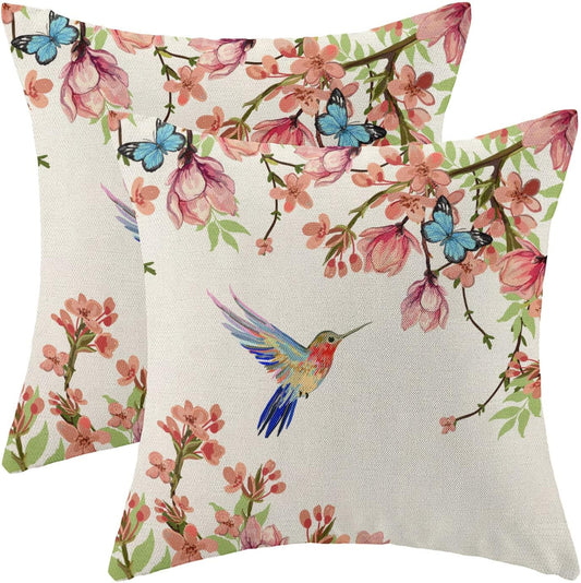 Hummingbird Flower Pillow Covers 20 x 20 Inch Set of 2 for Watercolor Floral and Birds Spring Blooming Decor Throw Pillows Nature Plant Outdoor Decorative Cushion Cases for Couch Bed Decoration