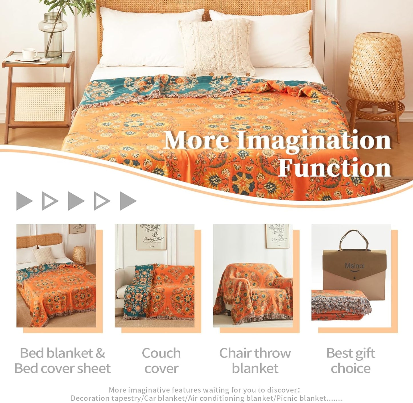 Colorful Throw Blanket Ultra Soft Cotton Orange Decorative Throw All Season Rustic Reversible Bohemian Throw Quilt Farmhouse Decoration(60"x80",04-Garland)