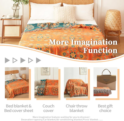 Colorful Throw Blanket Ultra Soft Cotton Orange Decorative Throw All Season Rustic Reversible Bohemian Throw Quilt Farmhouse Decoration(60"x80",04-Garland)