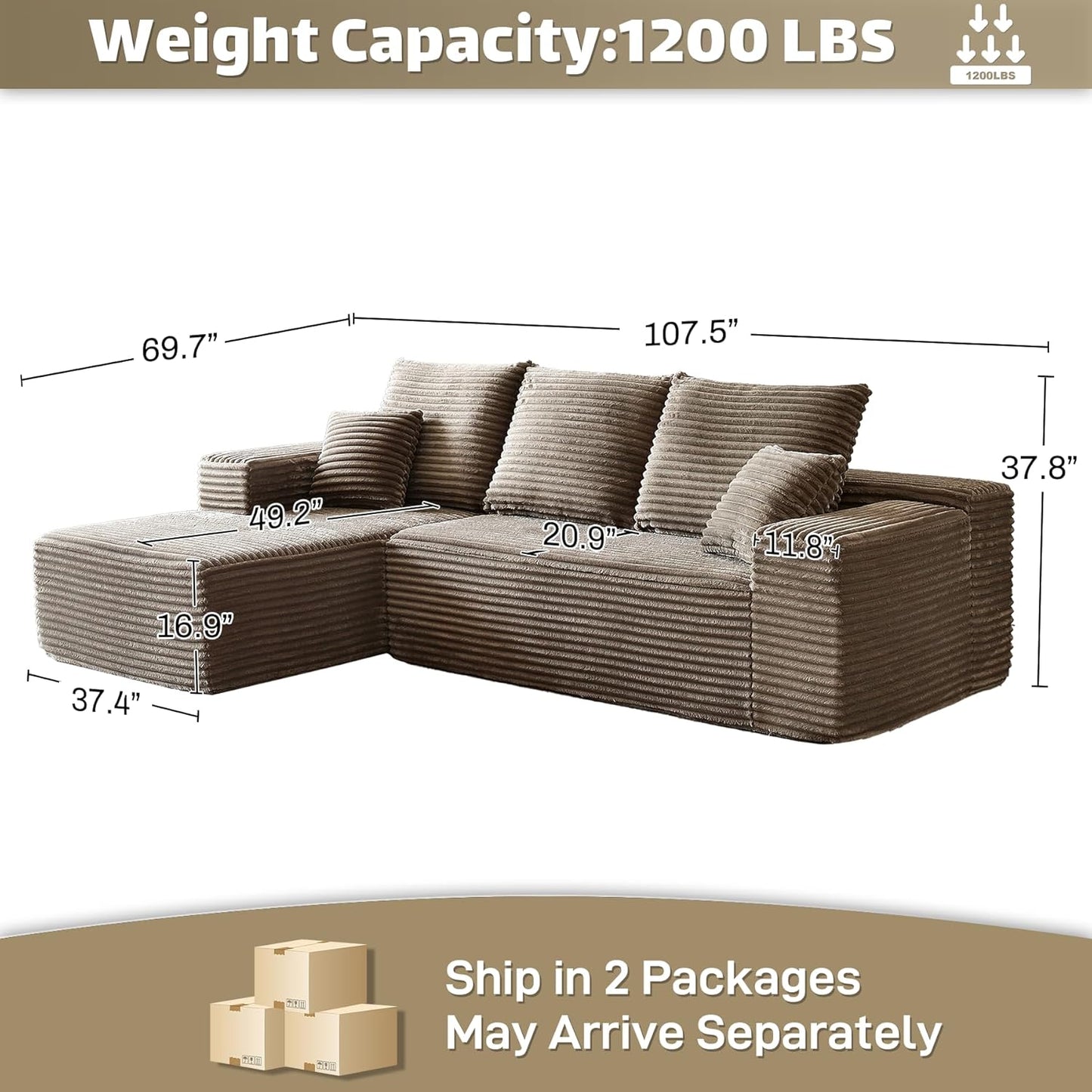 HYJT-H&K Modular Sectional Sofa Cloud Couch, 107" Comfy L Shaped Sectional Couches for Living Room, Deep Seat Memory Foam Plush Fluffy Corduroy Boneless Couch Sectionals Left Facing Sofa Chaise Brown