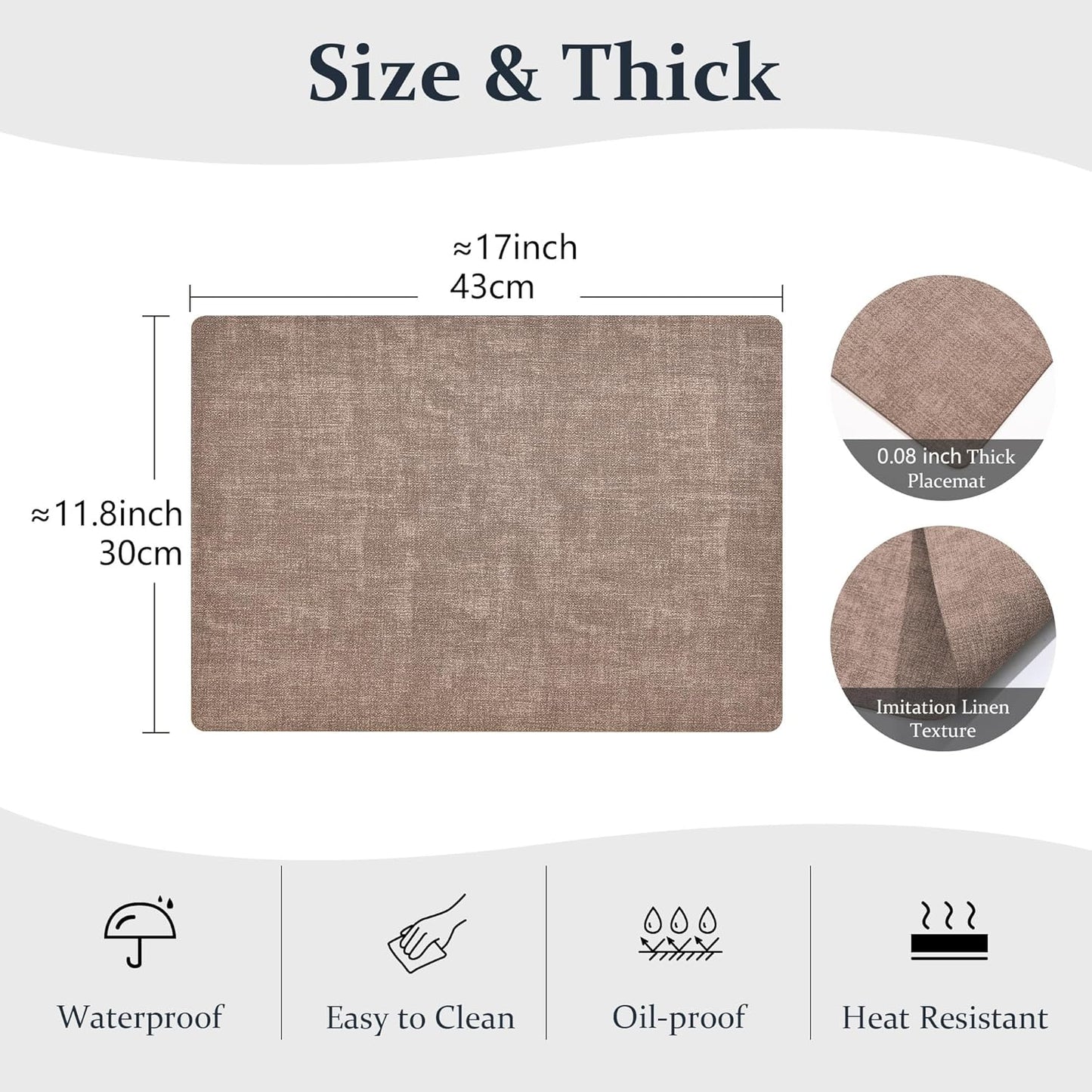 FROMHEART Faux Leather Placemats Set of 12–Waterproof,Heat/Oil Stain-Resistant PU Table Mat–Reversible,Non-Slip,Easy to Clean Place Mats for Kitchen,Dining,Indoor/Outdoor,(Dark Coffee,11.8" x 17")