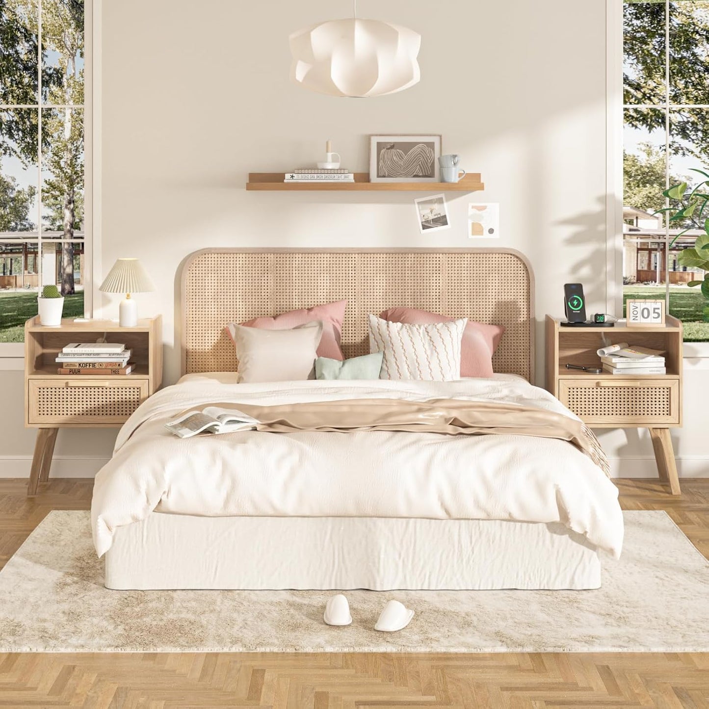 Lerliuo Rattan Nightstand with Charging Station, Boho Night Stand with Handmade Natural Rattan Drawer and Open Shelf, Cane Accent Side End Tables with Solid Wood Legs for Bedroom, Dorm, Small Spaces