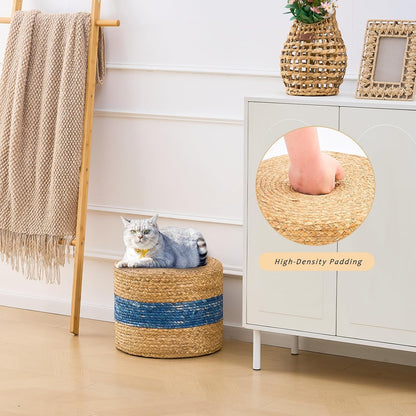 Handwoven Water Hyacinth Ottoman Pouf, Round Outdoor Footstool with Sturdy Frame, No Assembly Needed, Boho Accent Stool for Indoor & Outdoor Use – Patio, Balcony, Living Room (Blue)