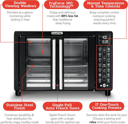 Gourmia Toaster Oven Air Fryer Combo 17 cooking presets 1700W french door digital air fryer oven 24L capacity accessories, convection rack, baking pan tray recipe book GTF7460,Large,Black