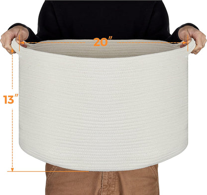Ravinte Blanket Basket - 20"x 20"x 13" Cotton Rope Basket for Living Room, Baby Toy Storage Basket, Large Woven Laundry Basket (White)