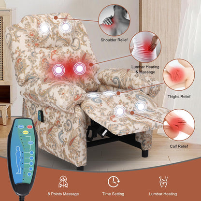 KCREAM Manual Massage Chair Recliner for Adult, Fabric Small Recliner Chairs with Side Pockets and Vibration,Single Sofa Home Theater Seating,Floral