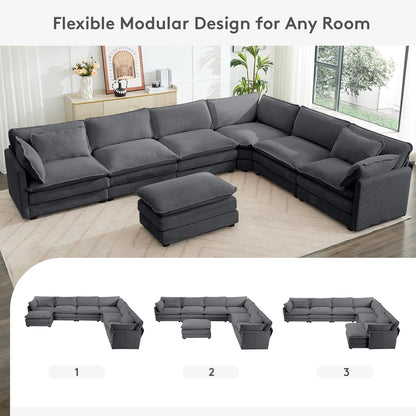 ROWHY 150'' Modular Sectional Sofa Cloud Couch, Corner Sofa Big Comfy Corduroy Oversized L Shaped Couch with 4 Pillows, Chaise, Ottoman, Deep Seat Couches for Living Room Office, Dark Grey