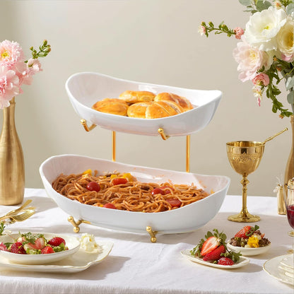 HBlife Extra Large Fruit Basket for Kitchen Counter - 2 Tier Ceramic Fruit Bowl with Metal Stand, Bathroom Countertop Organizer, Tiered Serving Trays for Party