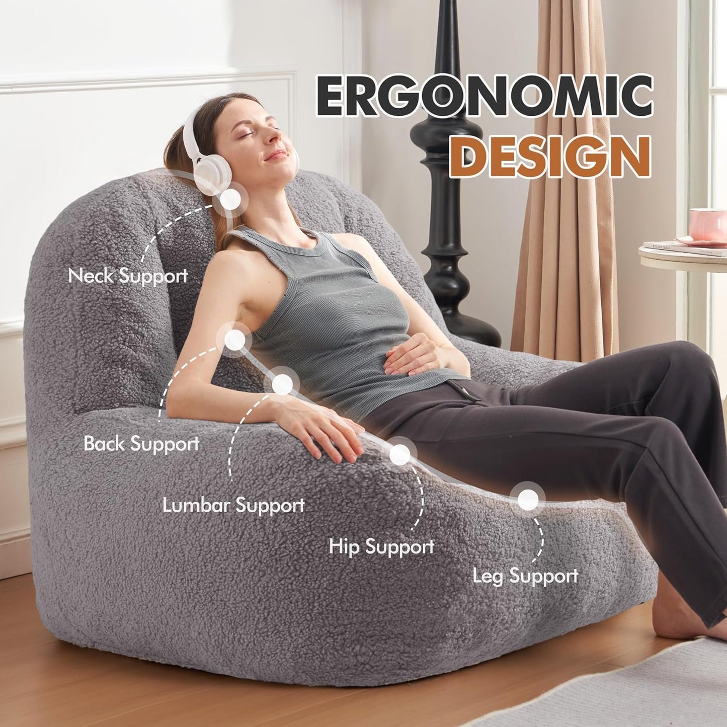 Homguava Bean Bag Chairs for Adults,Giant Beanbag Couch Adult Bean Bag Chair with Filler Included,Modern Lazy Sofa Comfy Chair for Living Room(Grey)