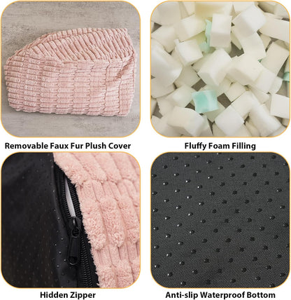 Round Stuffed Pouf Ottoman for Foot Rest, Storage Ottoman Pouf Foot Stool Cushion, Faux Fur Poufs with Foam Chunk Filling, 26 X 18 Inch Floor Chair for Living Room Bedroom Home Decor, Pink