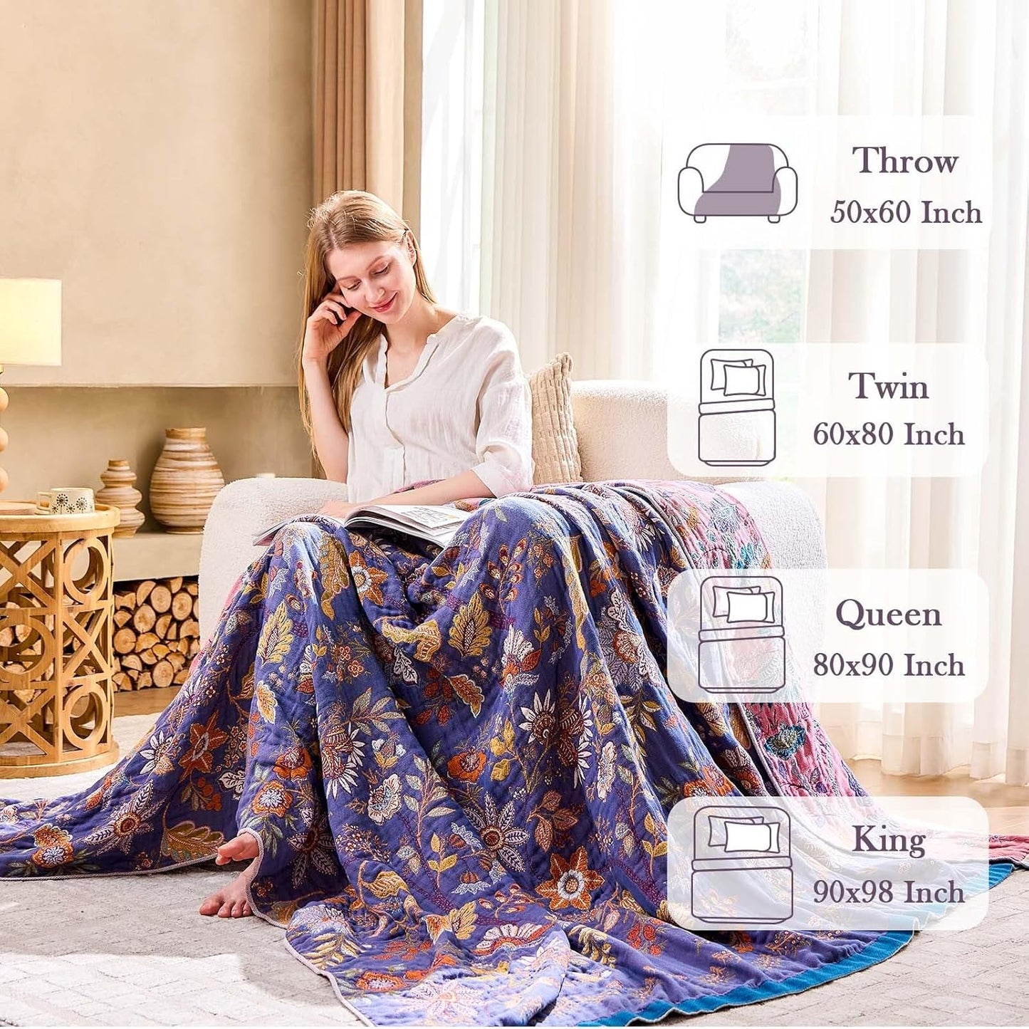 Boho Blanket, 100% Cotton Farmhouse Decorative Throw Blanket, 90"x98" Reversible Bohemian Throw Blanket, Purple All Season Muslin Breathable Woven Blankets Quilt