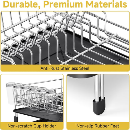 Dish Drying Rack, Expandable Stainless Steel Dish Rack with Drainboard Set Kitchen Sink Organizer for Counter, Large Capacity Kitchen Accessories, Smooth Water Flow