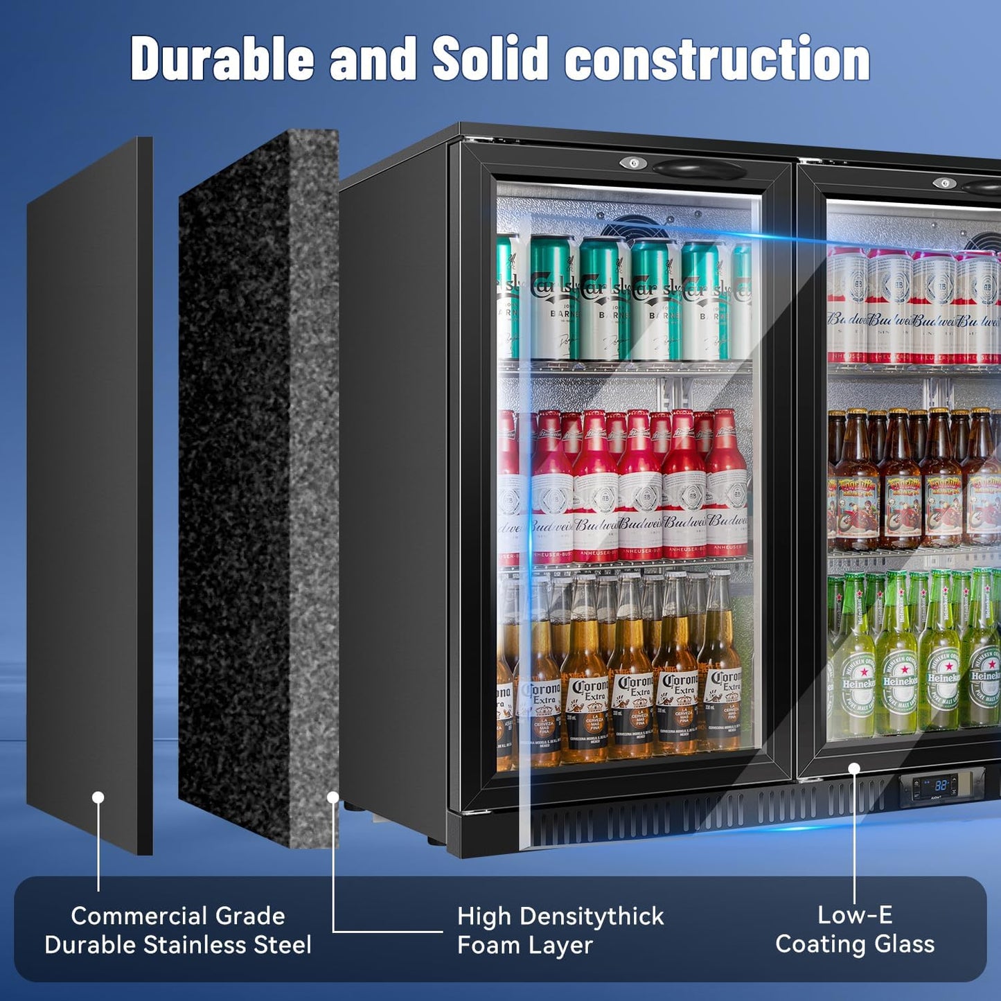 Tylza Back Bar Cooler With 3 Glass Doors, 312L Under Counter Back Bar Refrigerator with LED Lighting, Safety Locks, Counter Height Bar Beverage Cooler for Beer, Soda Drinks, Wine, Black