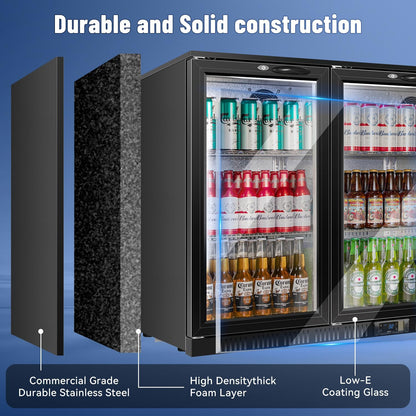 Tylza Back Bar Cooler With 3 Glass Doors, 312L Under Counter Back Bar Refrigerator with LED Lighting, Safety Locks, Counter Height Bar Beverage Cooler for Beer, Soda Drinks, Wine, Black